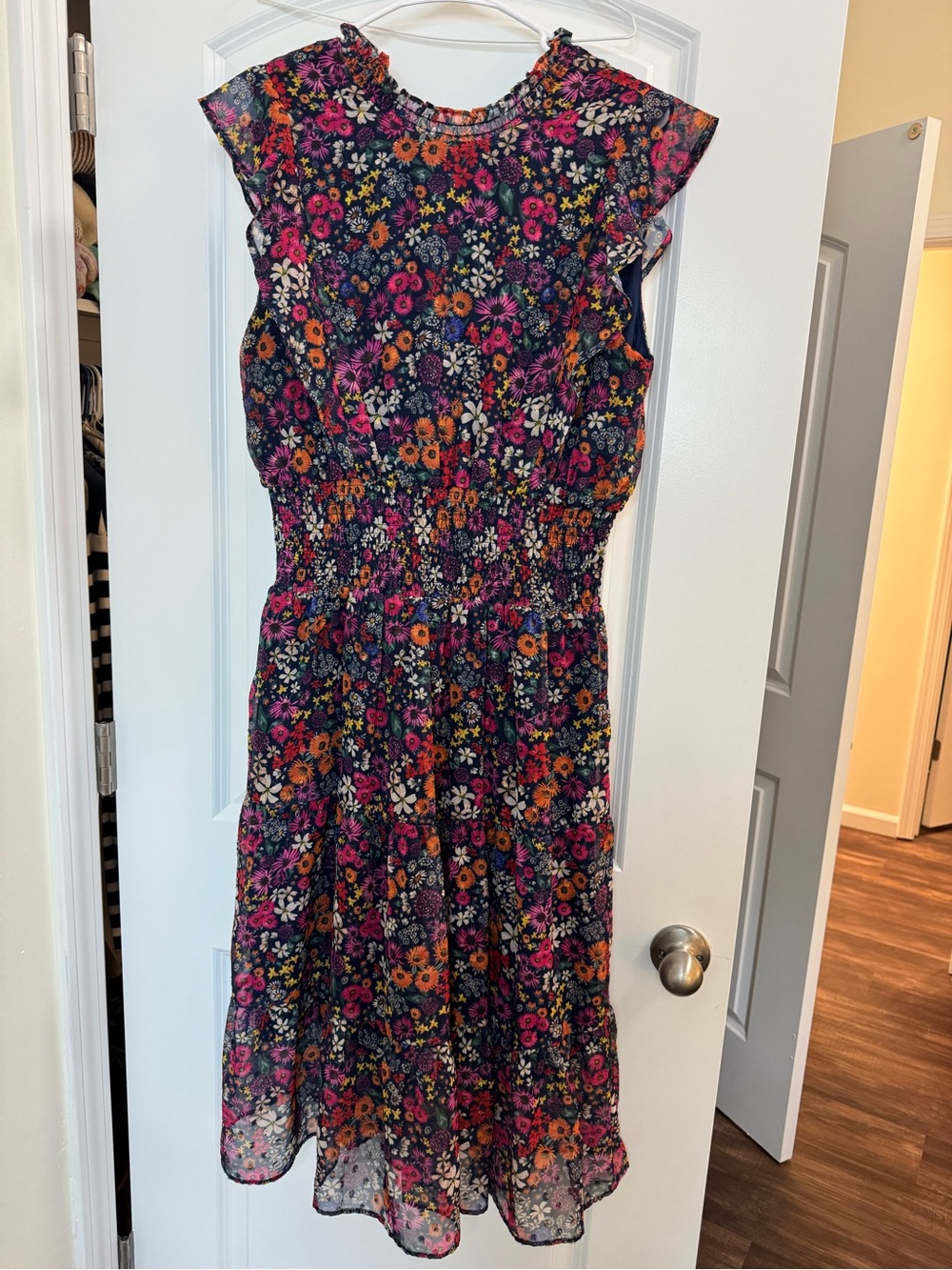 Saks Fifth Avenue Navy Floral Midi Dress with Pink and Orange Blossoms